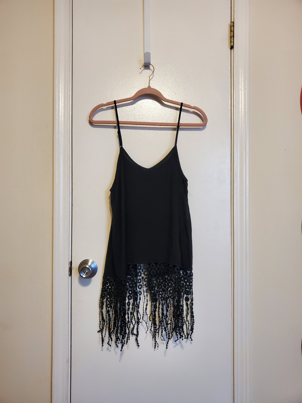 Umgee Black Spaghetti Strap Camisole with Fringe Boho Tribal Style